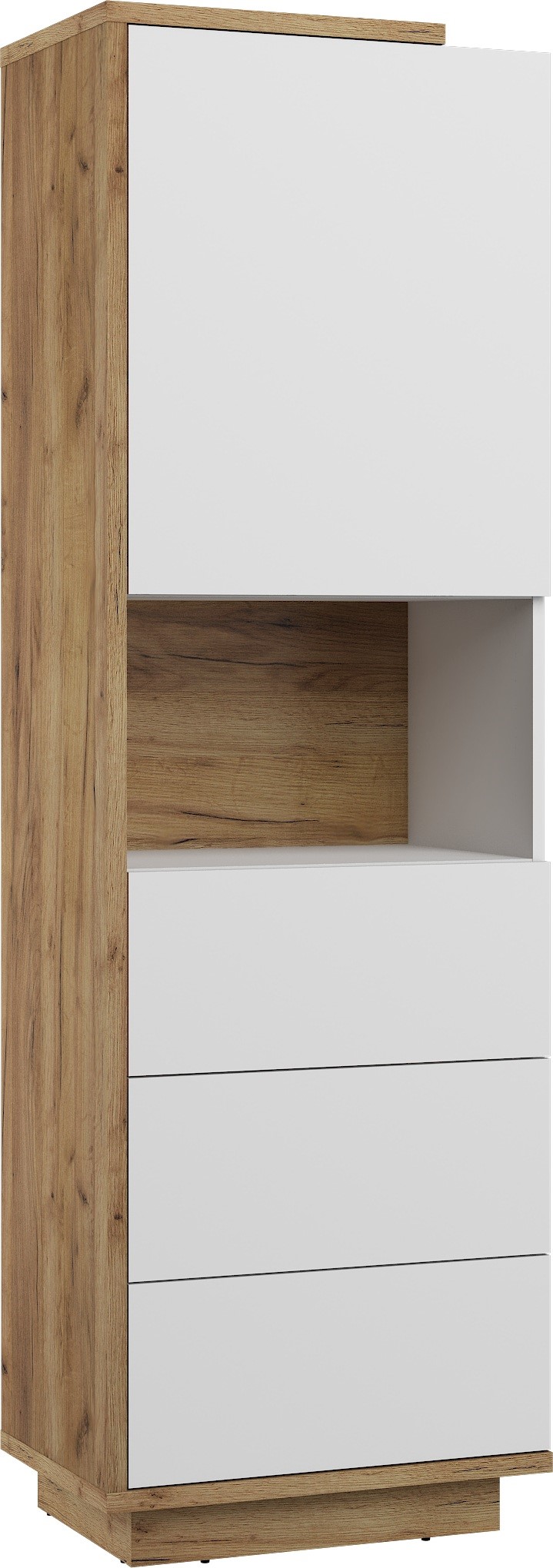 BRITA 18 baldai, aukšta knygų lentyna su stalčiais, durelėmis, lentyna, auksinio ąžuolo spalvos, balta