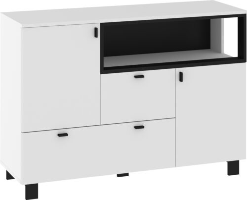 GAVES 02 baldai didelė komoda su durelėmis svetainei balta juoda