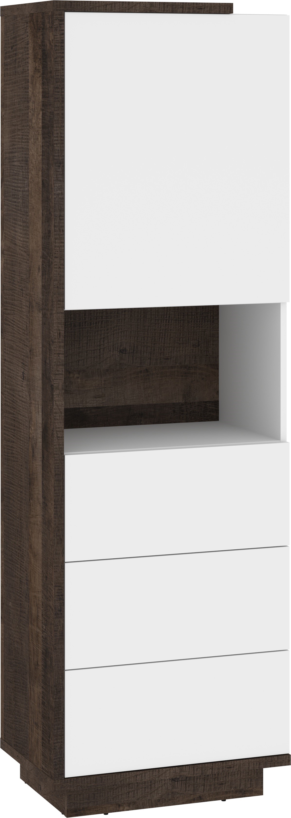 BRITA 18 baldai, aukšta lentyna su stalčiais, durys, lentyna, baltas ąžuolas