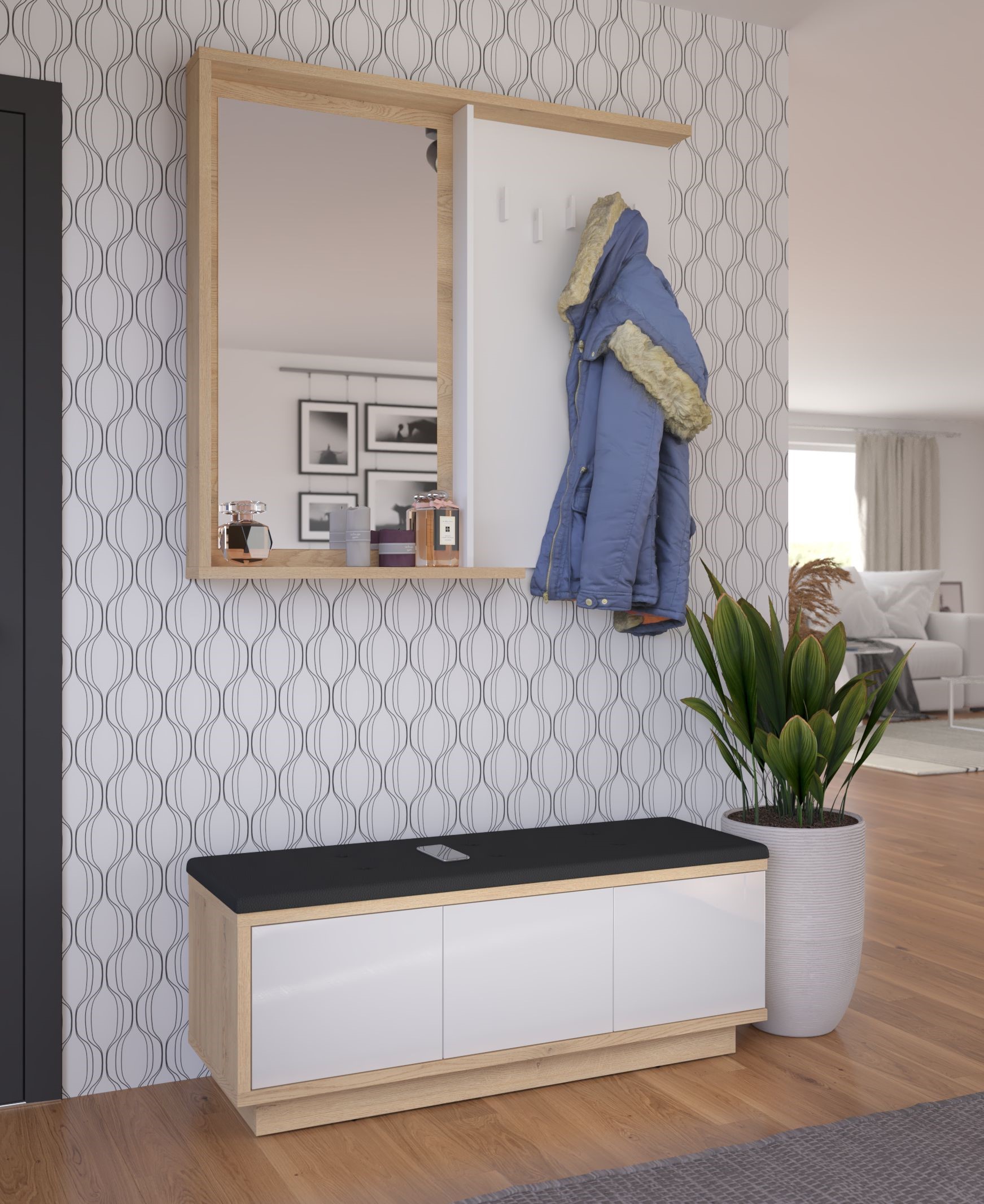 BRITA #5 prieškambario baldai su veidrodžiu, spintelė su sėdyne, ąžuolas „Cremona“, balta