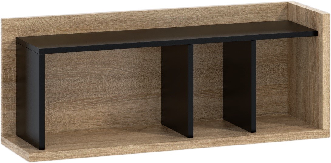 DOX 04 baldai, prie sienos tvirtinama knygų lentyna, Sonoma ąžuolas, juoda