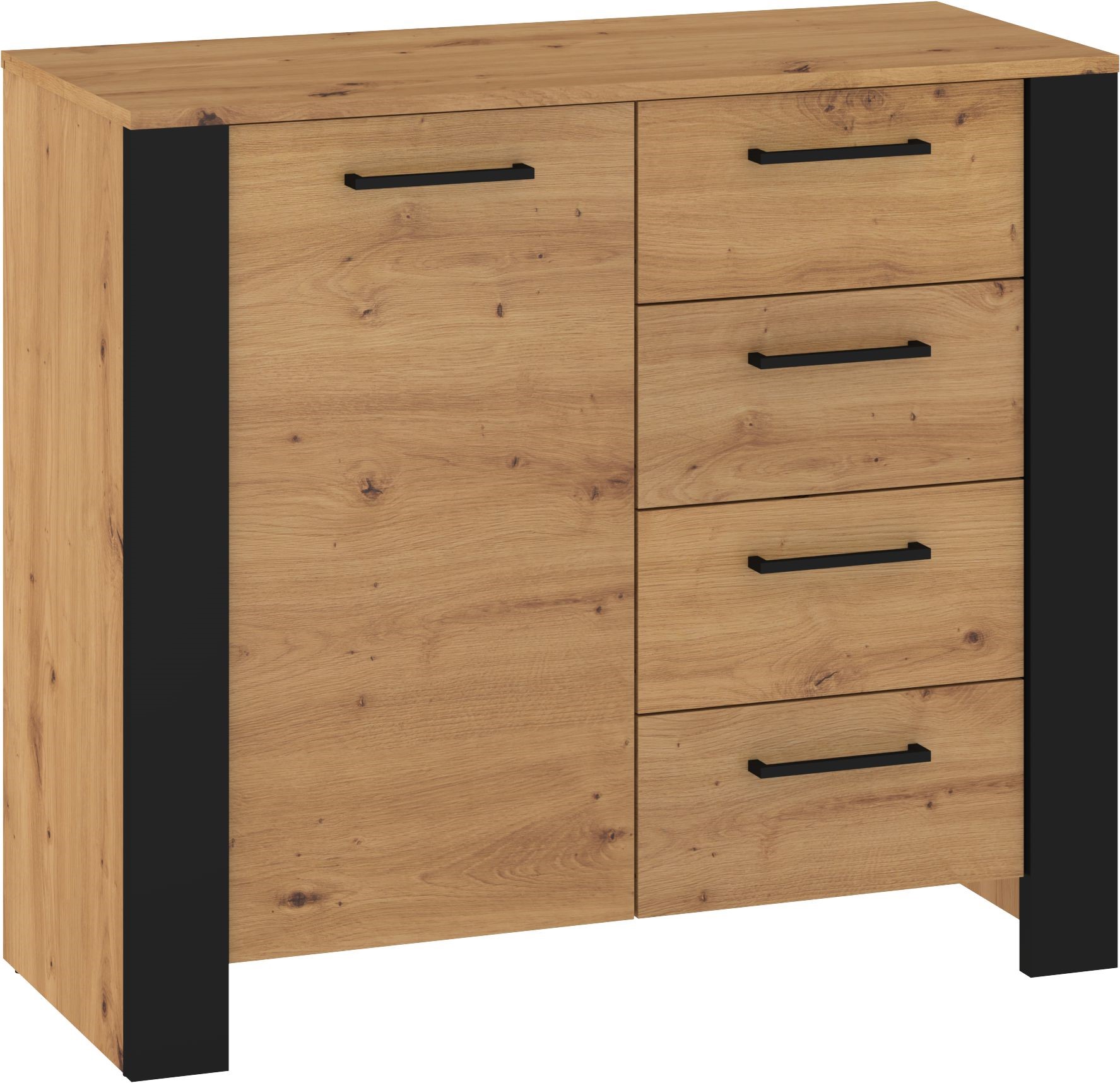 DELIS 02 baldų komoda su durelėmis svetainei, ąžuolo dirbiniai, juoda