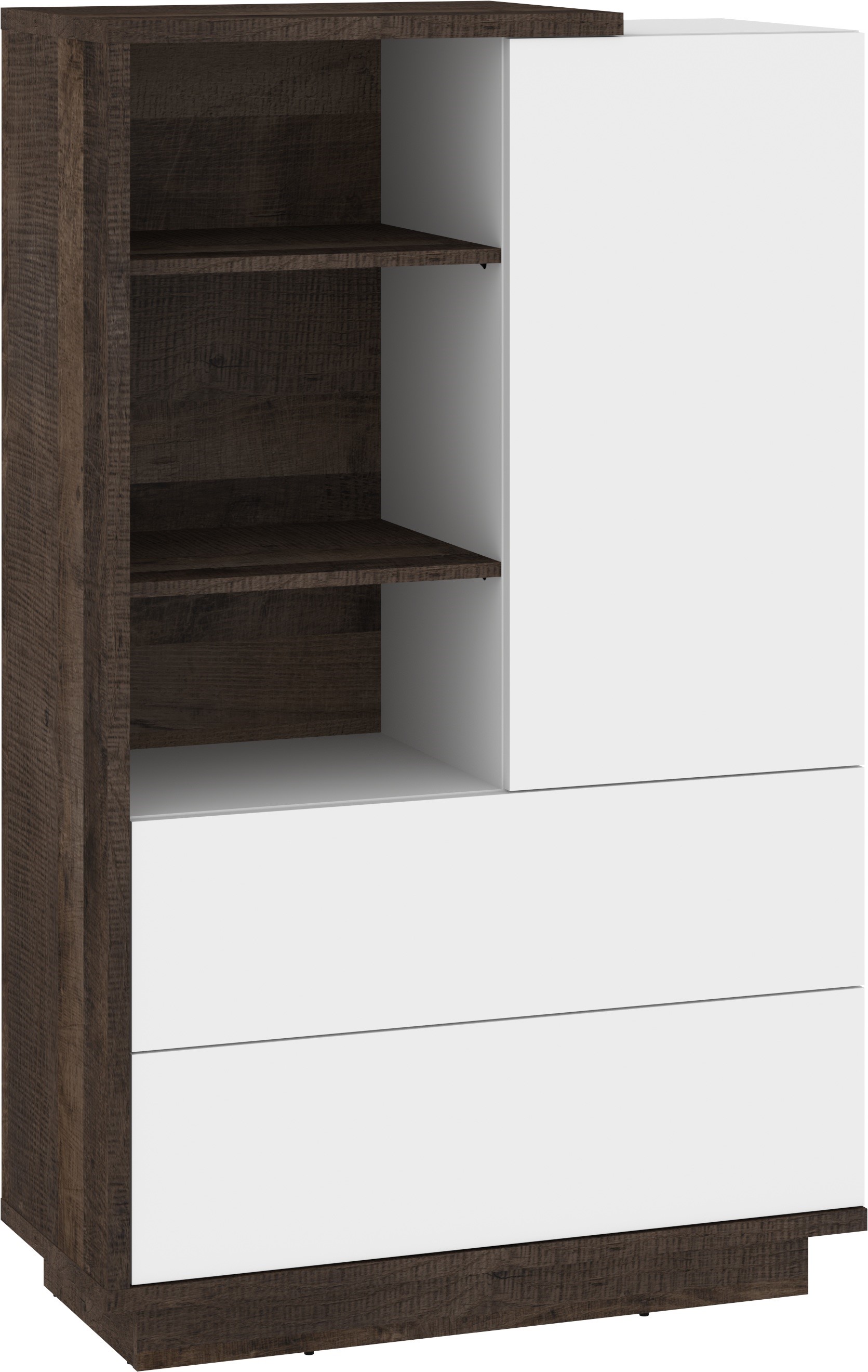 BRITA 17 žema knygų lentyna su stalčiais ir lentynomis, ąžuolo spalvos, balta blizgi spalva