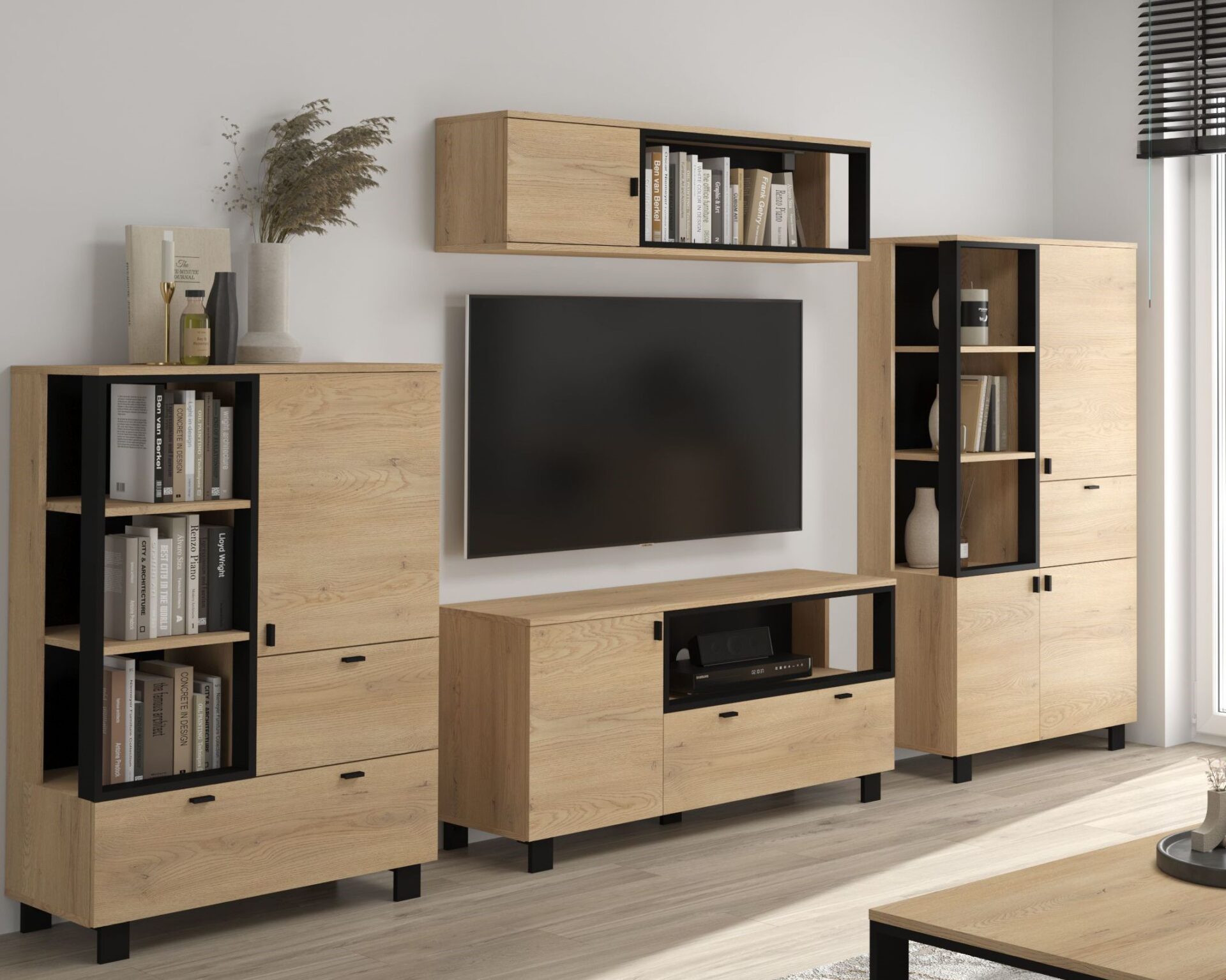 GAVES #10 svetainės baldai, sieninė spintelė, lentyna, televizoriaus spintelė, pakabinama lentyna, ąžuolas