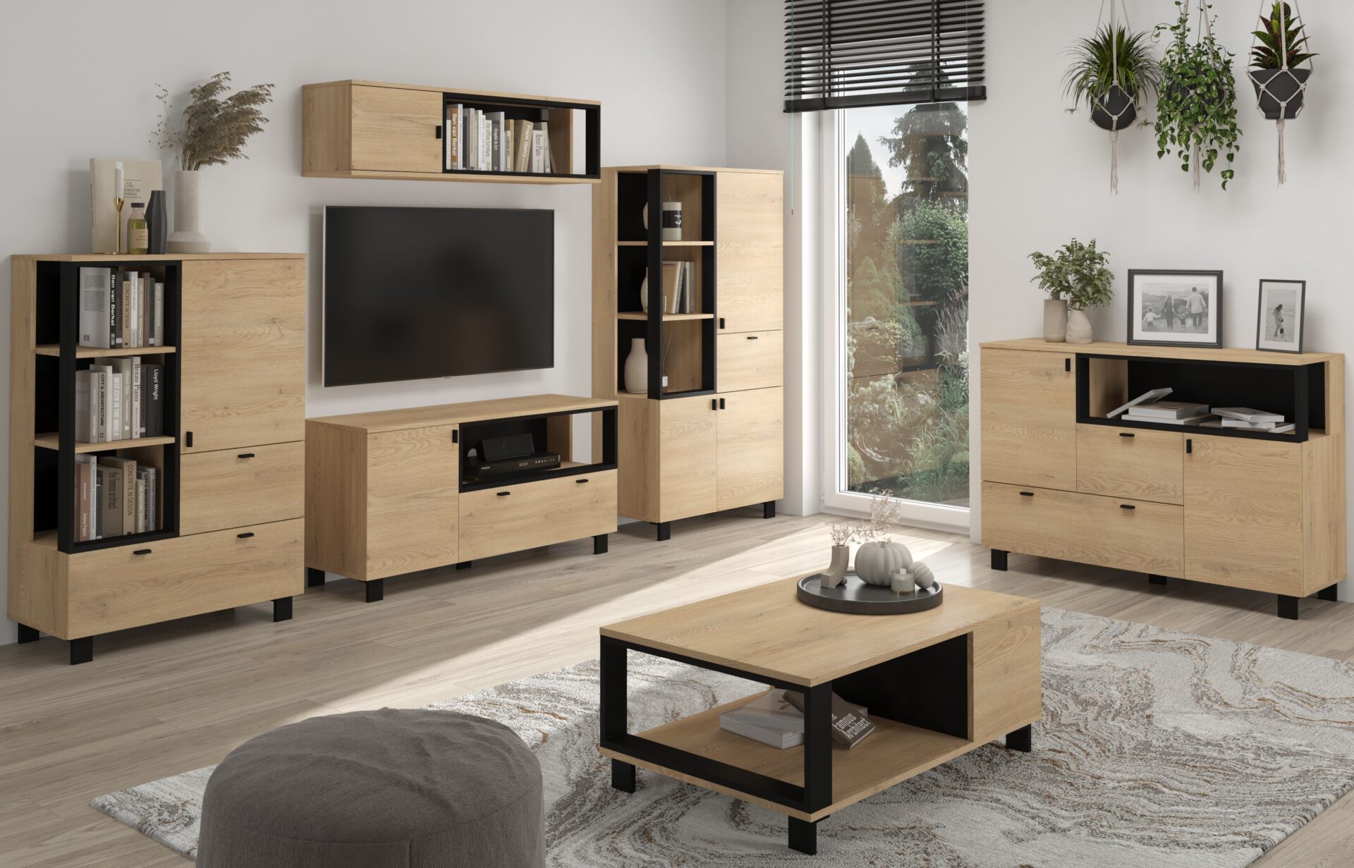 GAVES #6 svetainės baldai: knygų lentyna, televizoriaus spintelė, komoda, pakabinama lentyna, kavos staliukas