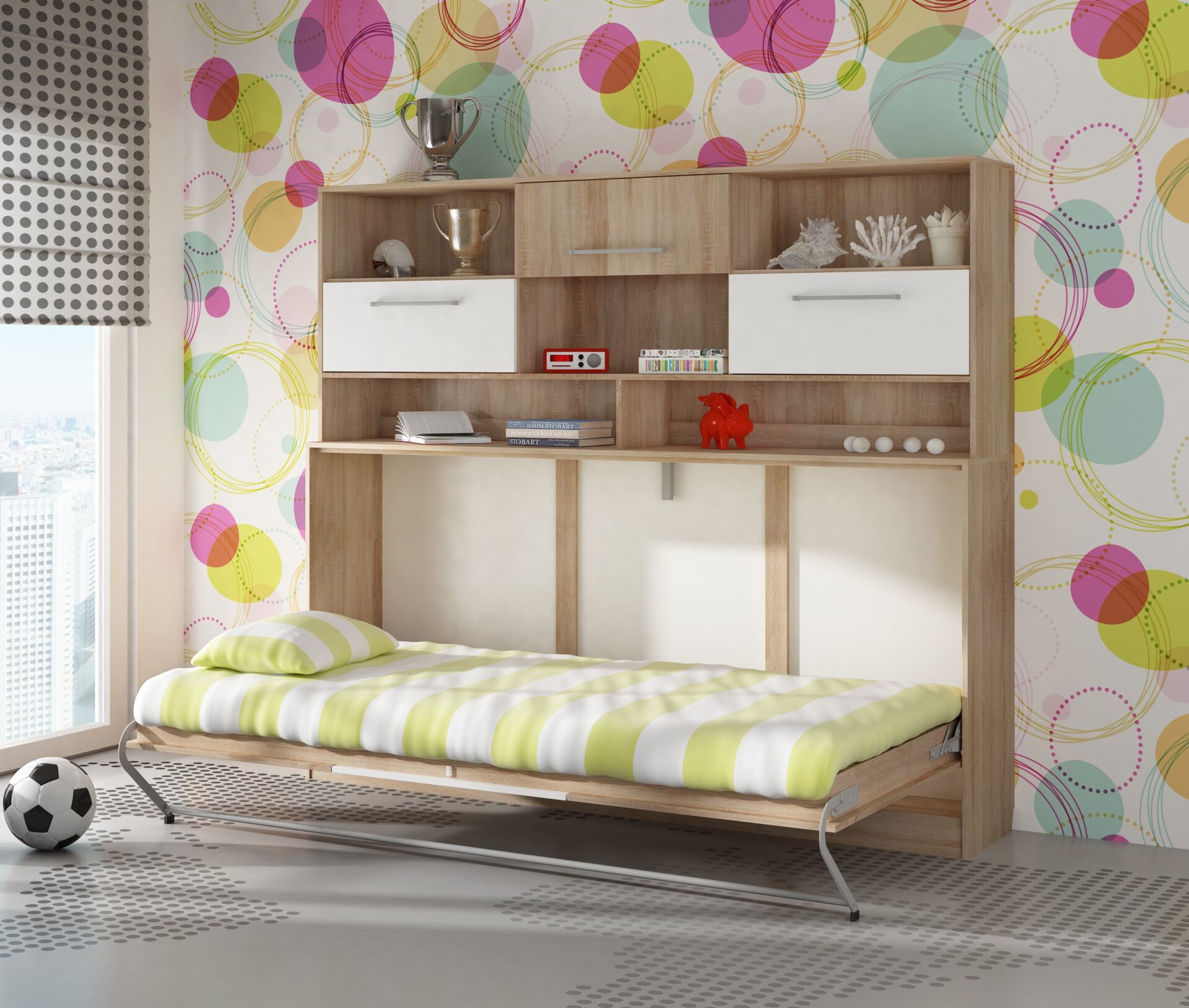 Sulankstoma sieninė lova 90x200 ERGO + pagrindas, Sonoma ąžuolo balta spalva - Paveikslėlis 2