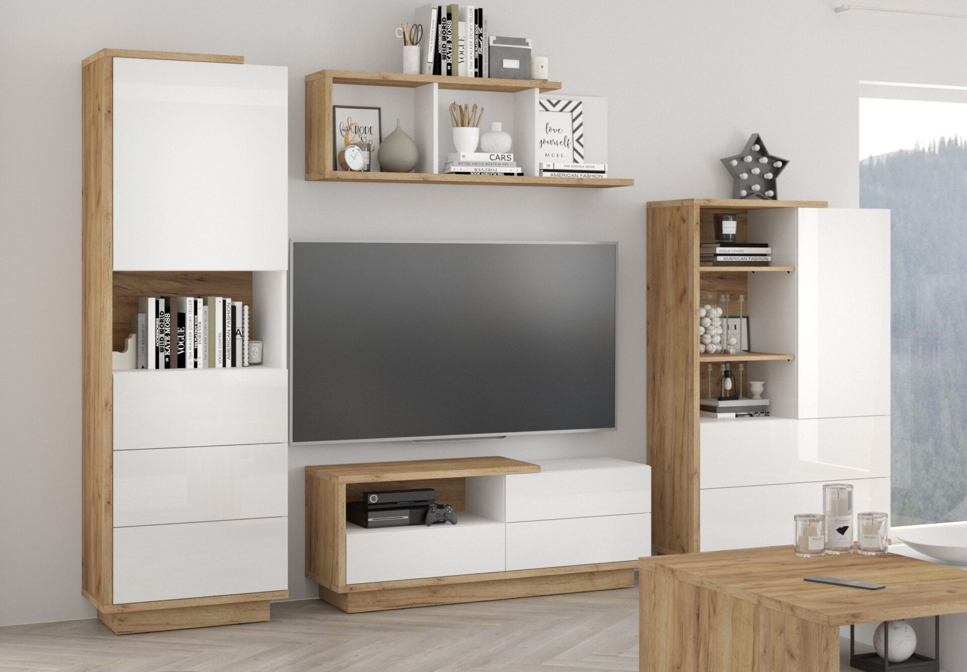 BRITA #1 svetainės baldai, TV spintelė, lentyna, ąžuolo dirbiniai, auksinė, balta blizgi spalva