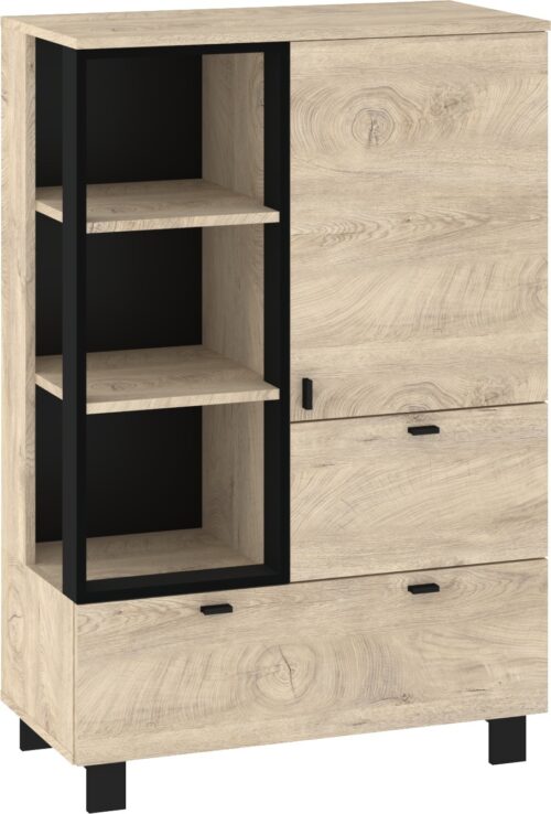 GAVES 06 baldai, žema knygų lentyna su stalčiais, lofto stiliaus, ąžuolo imitacija, juoda