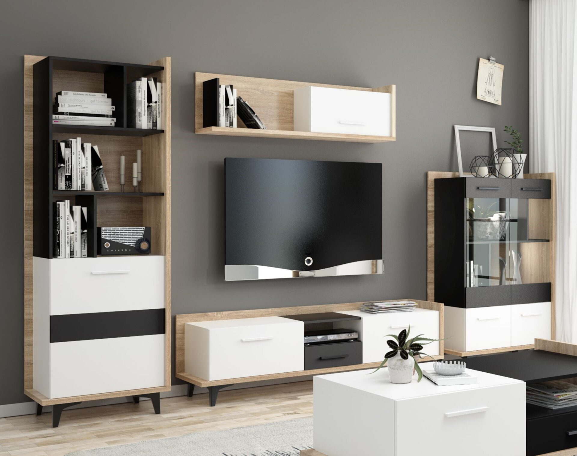 DOX #1 svetainės baldai, sieninė spintelė, knygų lentyna, TV spintelė, lentyna, vitrina, Sonoma