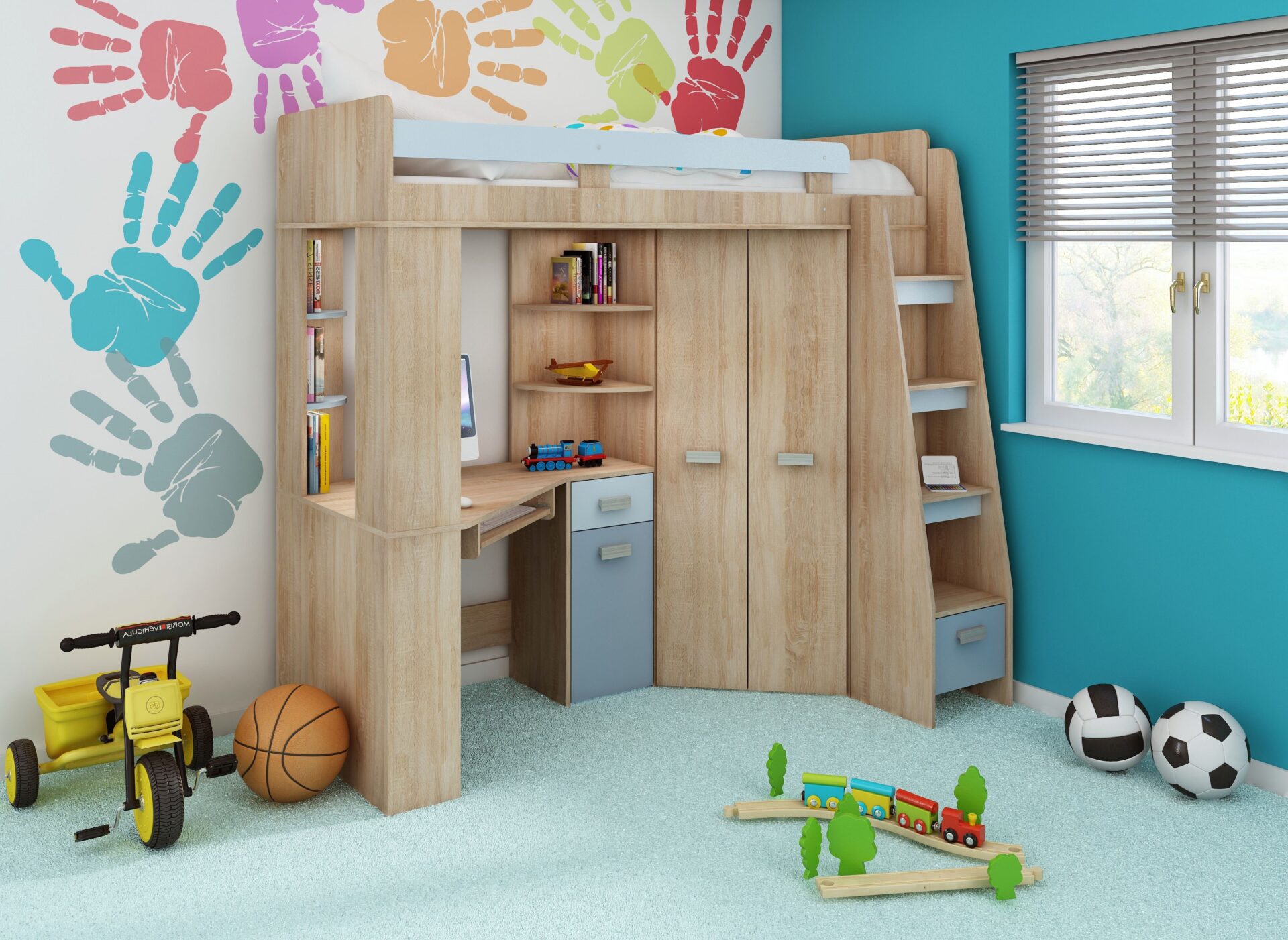 SOLA P dviaukštė lova su stalu, kampinė spinta, antresolė, Sonoma ąžuolas, mėlyna