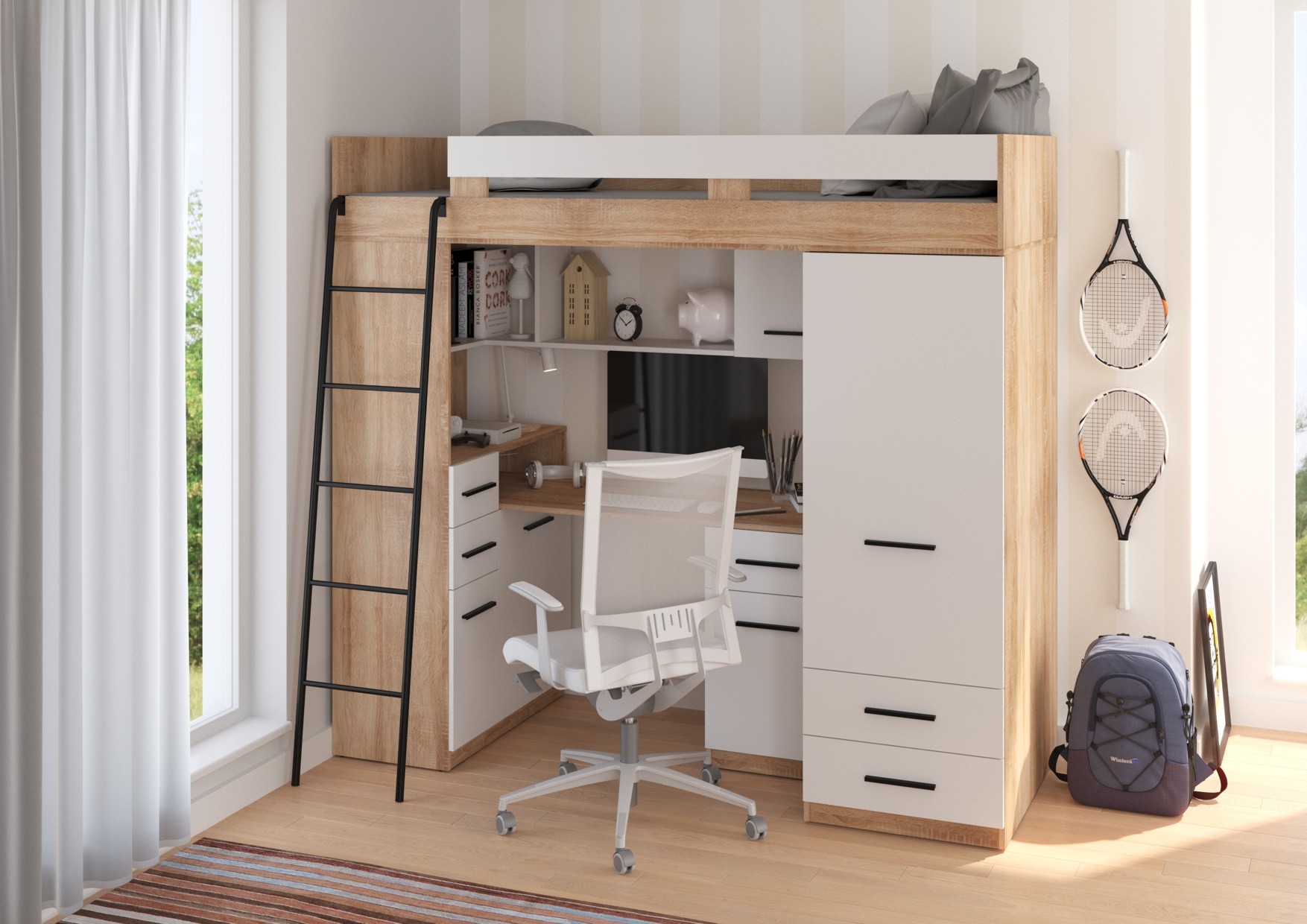 MYKS L mezzanine be kilimėlio, Sonoma ąžuolas / balta