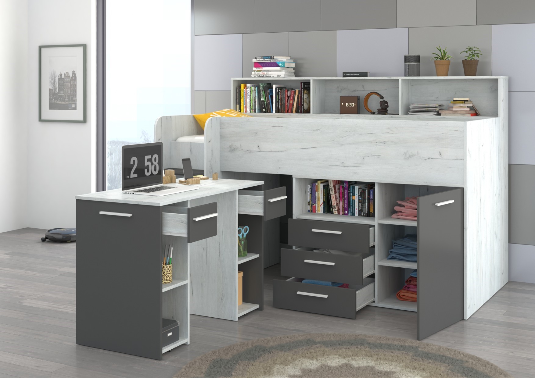 Vaikiška dviaukštė lova jaunimui, mezzanine ENO L, ąžuolo spalvos, baltas grafitas