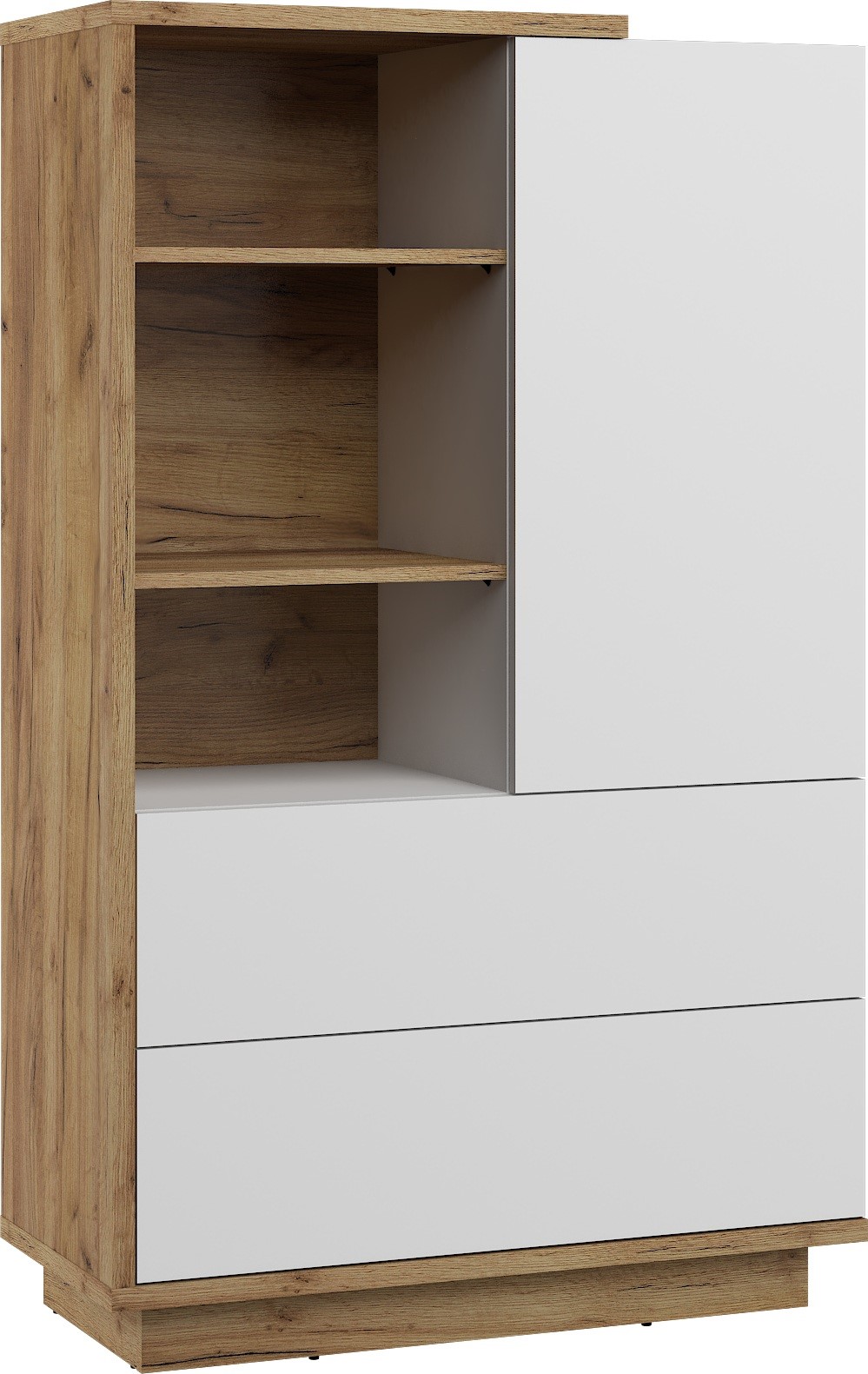 BRITA 17 baldai, žema lentyna su stalčiais ir lentynomis, ąžuolo dirbiniai, auksinė, balta blizgi spalva