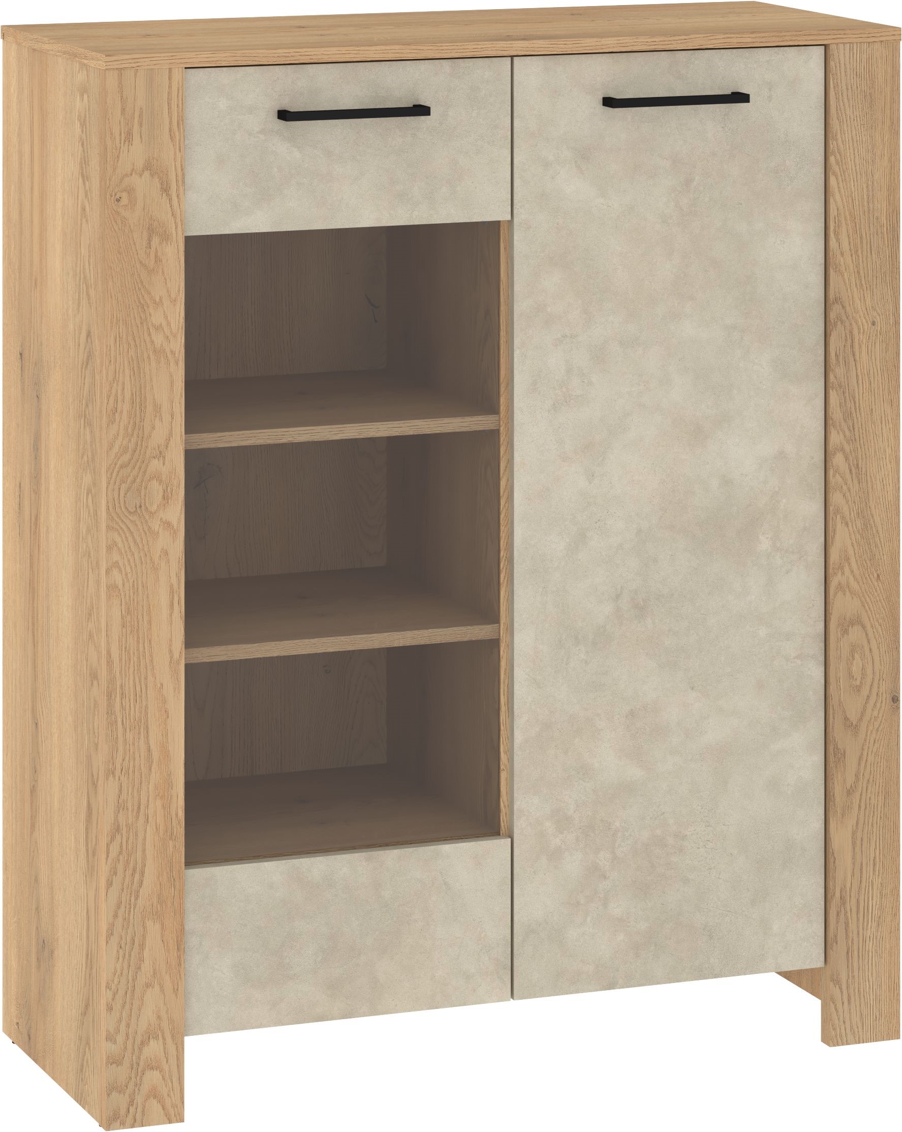 DELIS 14 žema vitrina svetainei, kremonos ąžuolas, granada, migdolų spalvos