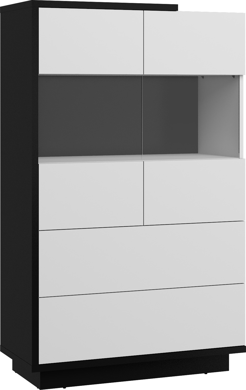 BRITA 28 žema vitrina su stalčiais svetainei, juodai balta blizgi spalva