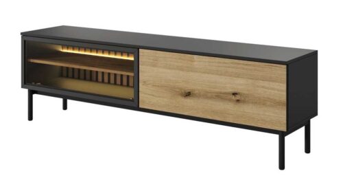 Lofto stiliaus televizoriaus spintelė su stikliniu priekiu ir „Lang 180“ apšvietimu