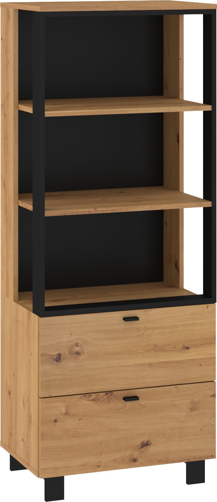 GAVES 08 baldų knygų lentyna su stalčiais ir lentynomis svetainės palėpei, ąžuolo dirbiniai, juoda