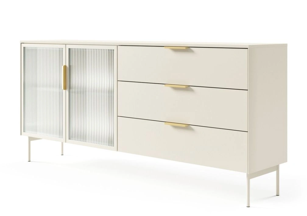 Lumi 2D3S komoda su grūdintu stiklu, dekoruota kašmyro fleitais