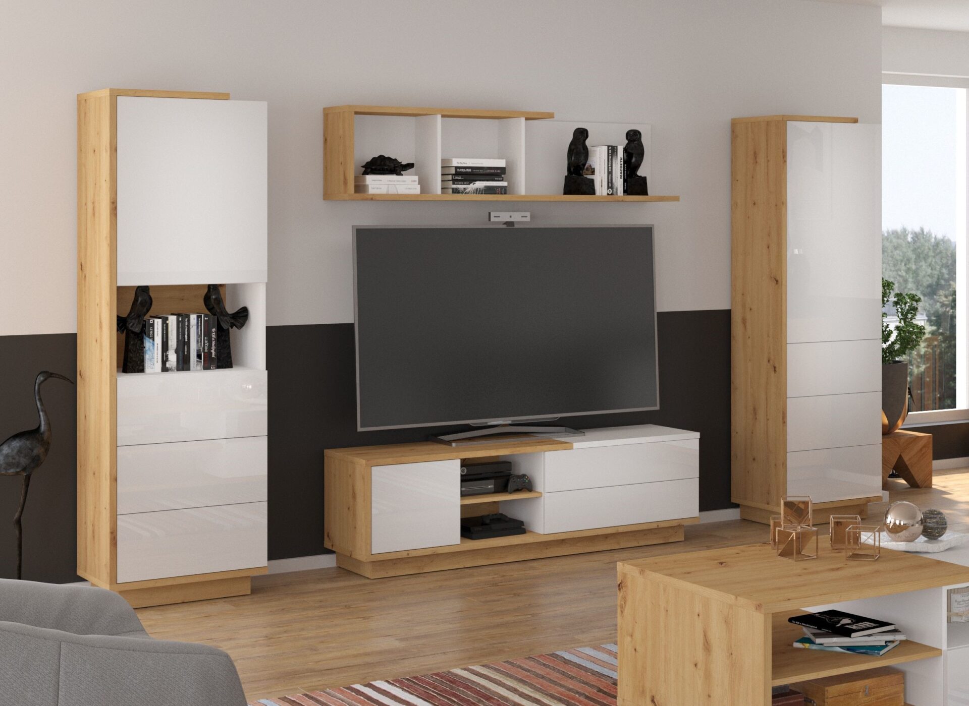 BRITA baldai #3 sieninė spintelė, knygų lentyna, TV staliukas, lentyna, ąžuolas „artisan“, balta blizgi spalva