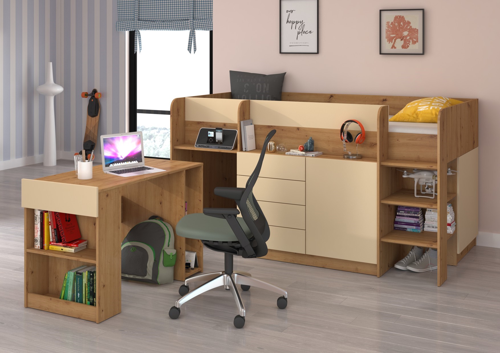 EMI P dviaukštė lova, rašomasis stalas, komoda, antresolė, „Artisan Oak Cream“