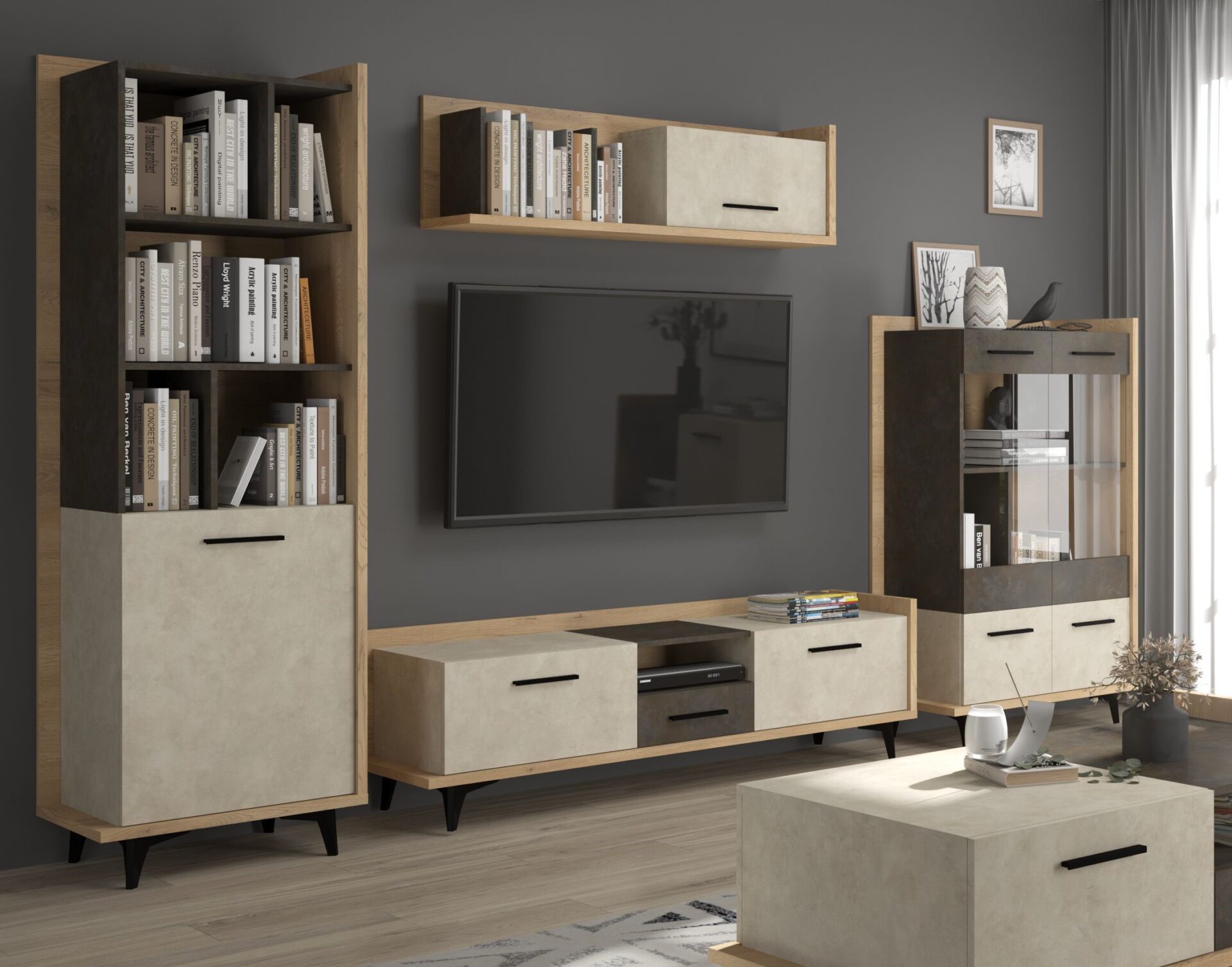 DOX #1 svetainės baldai, sieninė spintelė, knygų lentyna, TV spintelė, lentyna, vitrina, Kremona