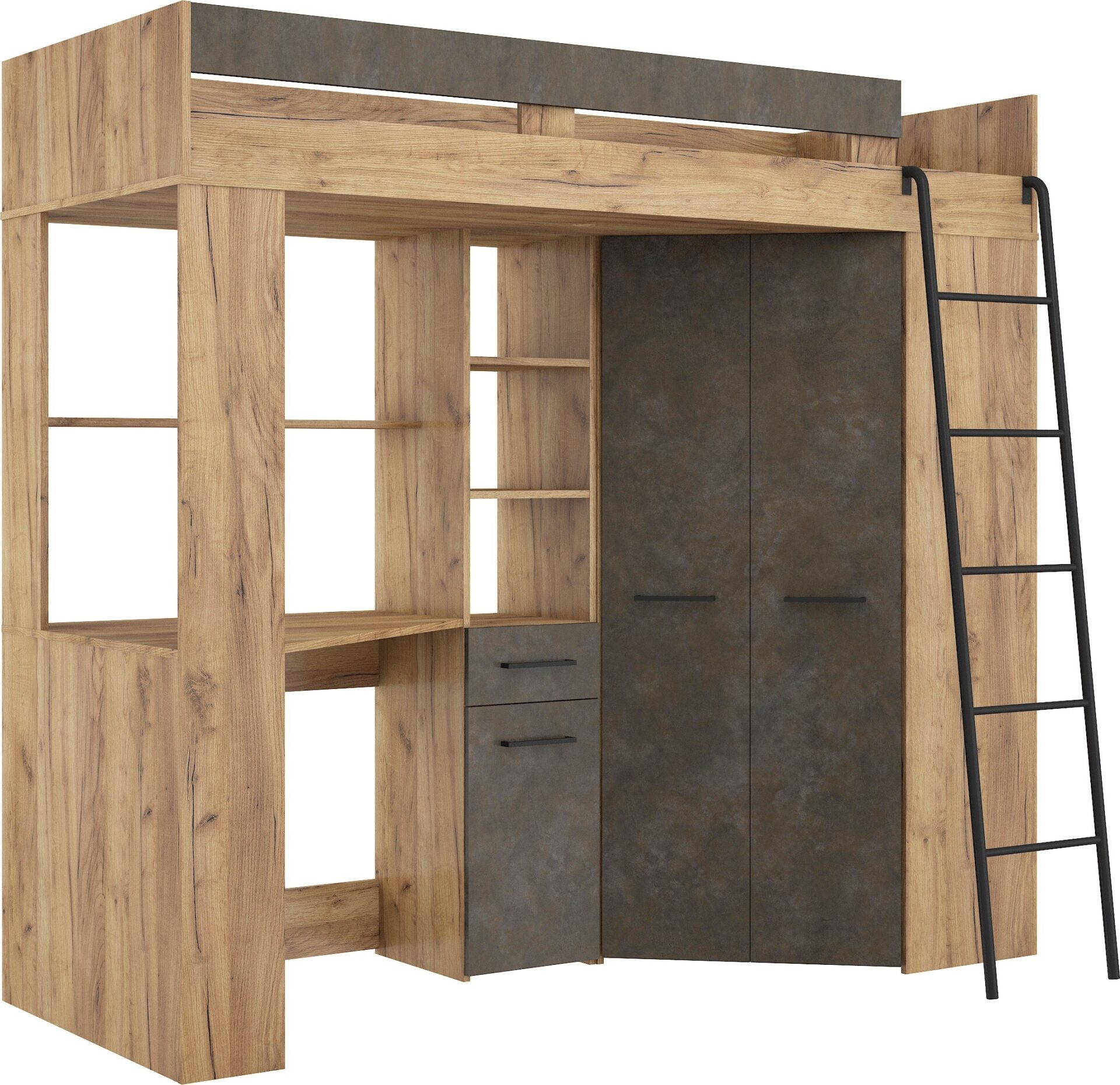 Dviaukštė lova su stalu, kampinė spinta, antresolė FLO P craft aukso pilka ruda