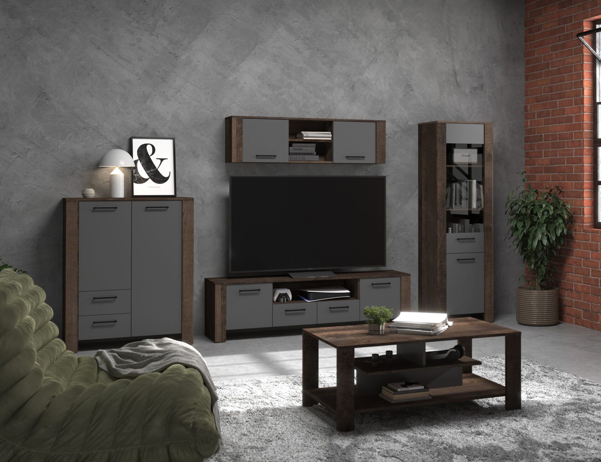 DELIS baldai #2 lentyna TV spintelė lentyna kavos staliukas Grange grafito spalvos ąžuolas