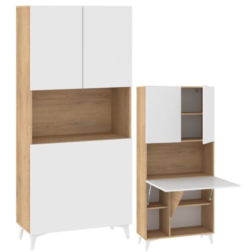 MEGI baldai 1 knygų lentyna + sulankstomas stalas, kremonos ąžuolas / baltas blizgus