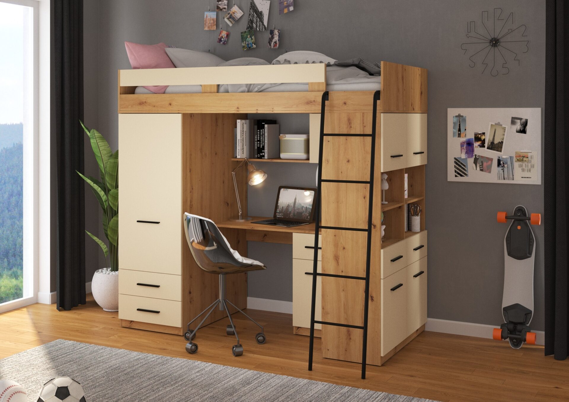 VELVE P antresolė be kilimėlių. Artisan ąžuolas / kreminė spalva