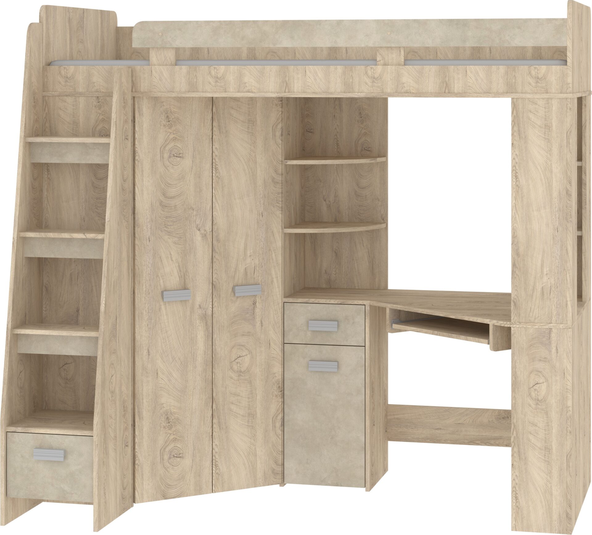 SOLA L migdolų pilkumo dviaukštė lova su stalu, kampinė spinta, antresolė