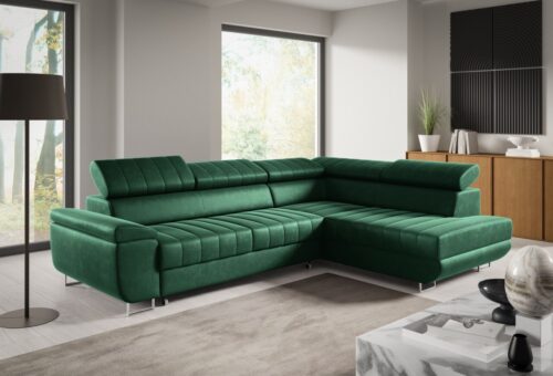 Horizonte išskleidžiama kampinė sofa su galvos atramomis
