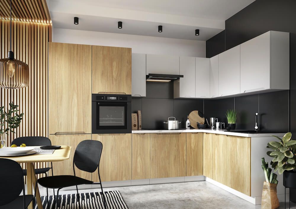 Kampinis virtuvės komplektas, virtuvė 300–195 cm Zoya