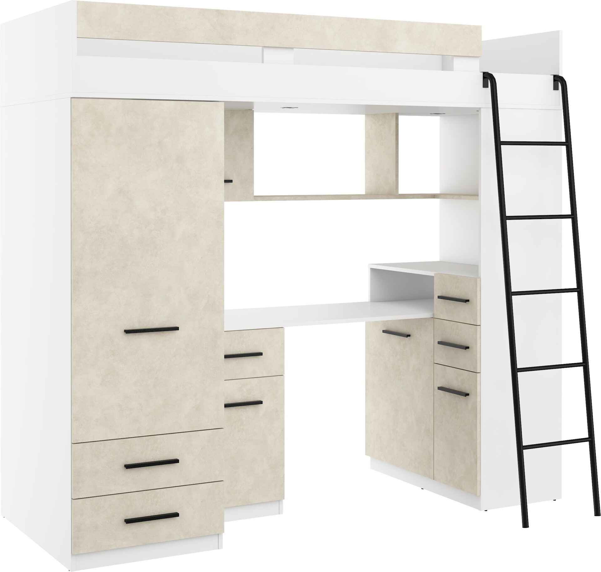 MYKS P antresolė su rašomuoju stalu, spinta ir komoda, balta, migdolų spalvos