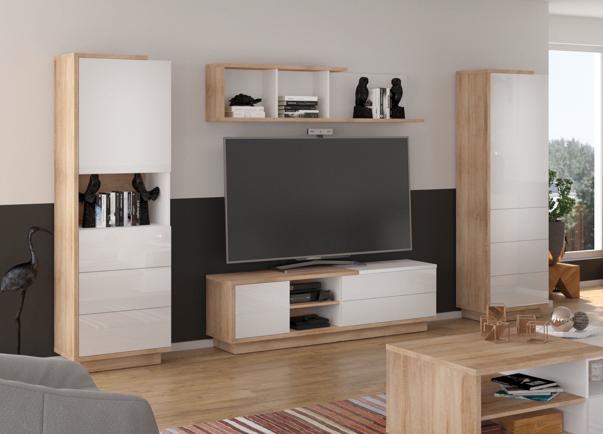 BRITA baldai #3 sieninė spintelė, knygų lentyna, TV staliukas, lentyna, Sonoma ąžuolas, balta blizgi spalva