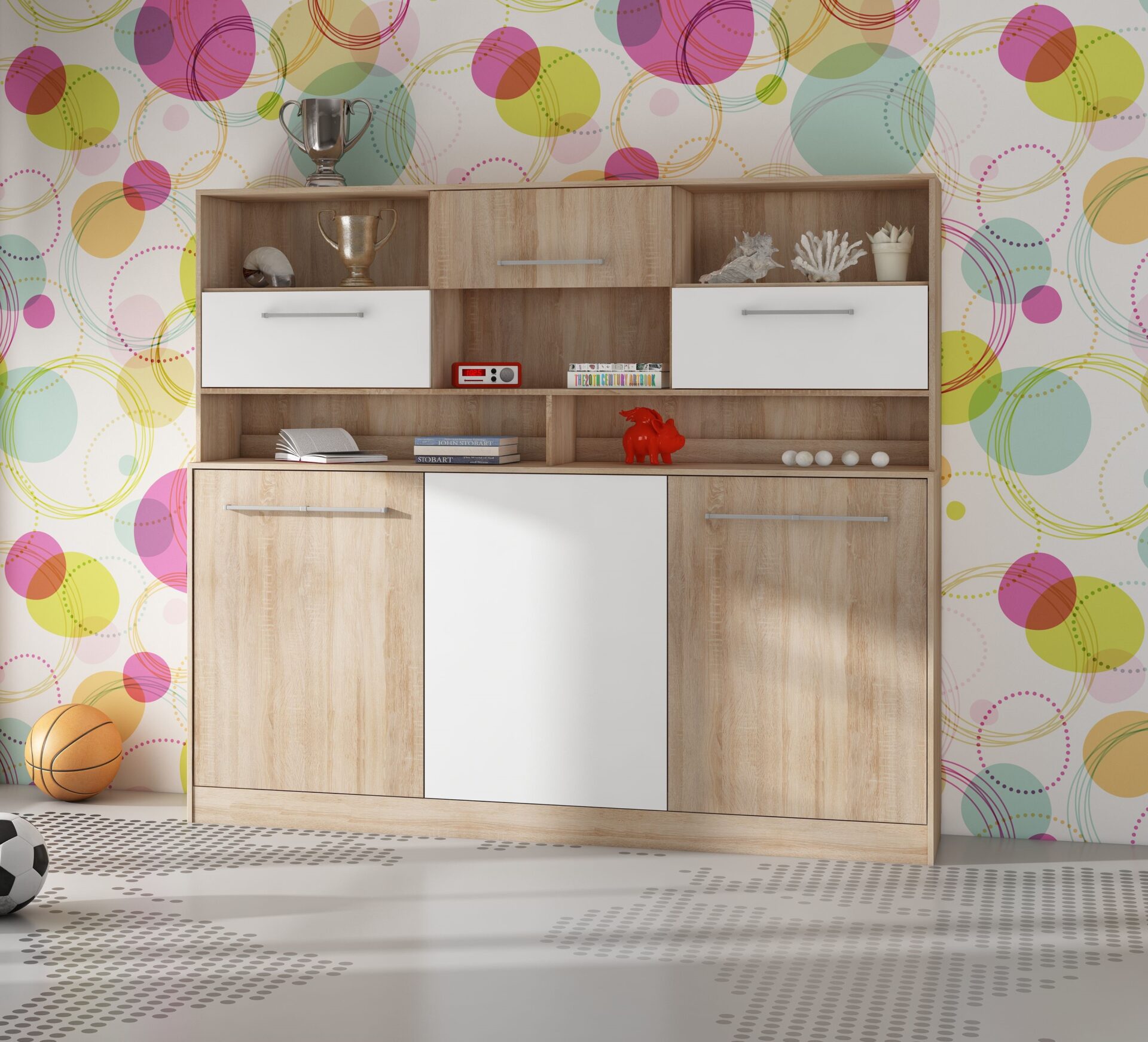 Sulankstoma sieninė lova 90x200 ERGO + pagrindas, Sonoma ąžuolo balta spalva