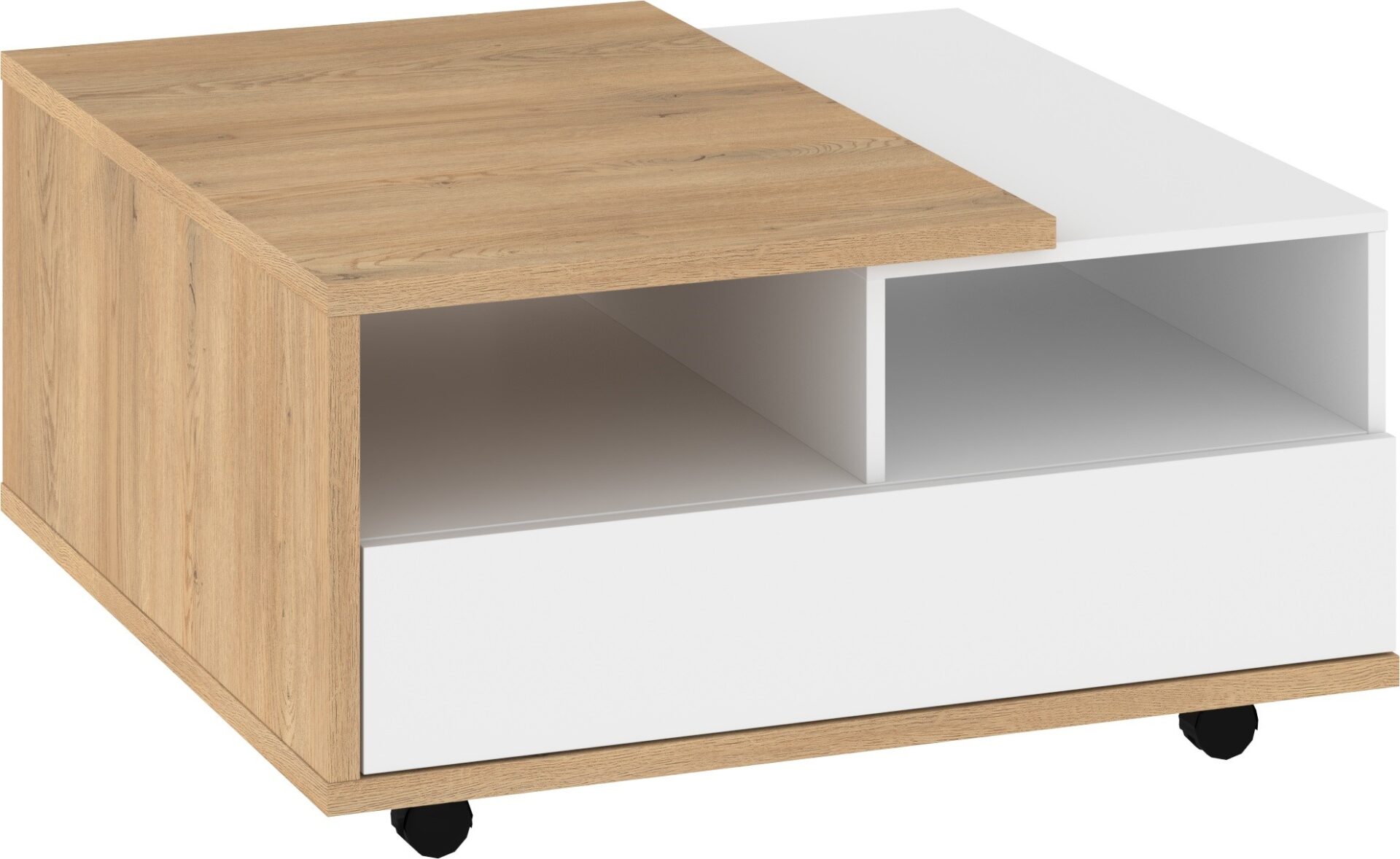 BRITA 11 kavos staliukas su stalčiais, kremonos ąžuolas, blizgi balta spalva