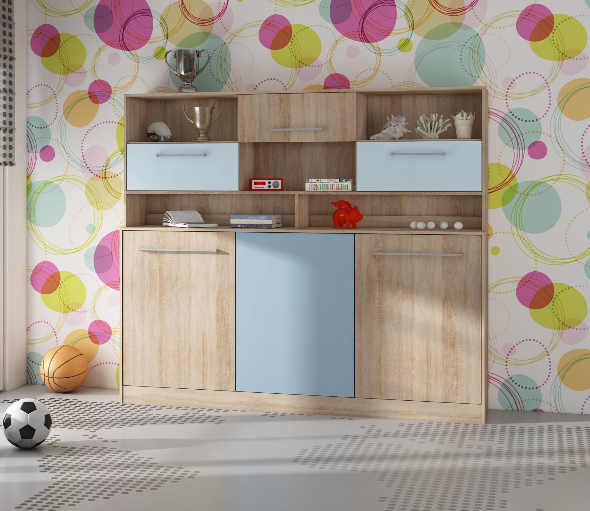 Sieninė lova, sulankstoma, paslėpta lova 90x200 ERGO + BASIC, sonoma mėlyna