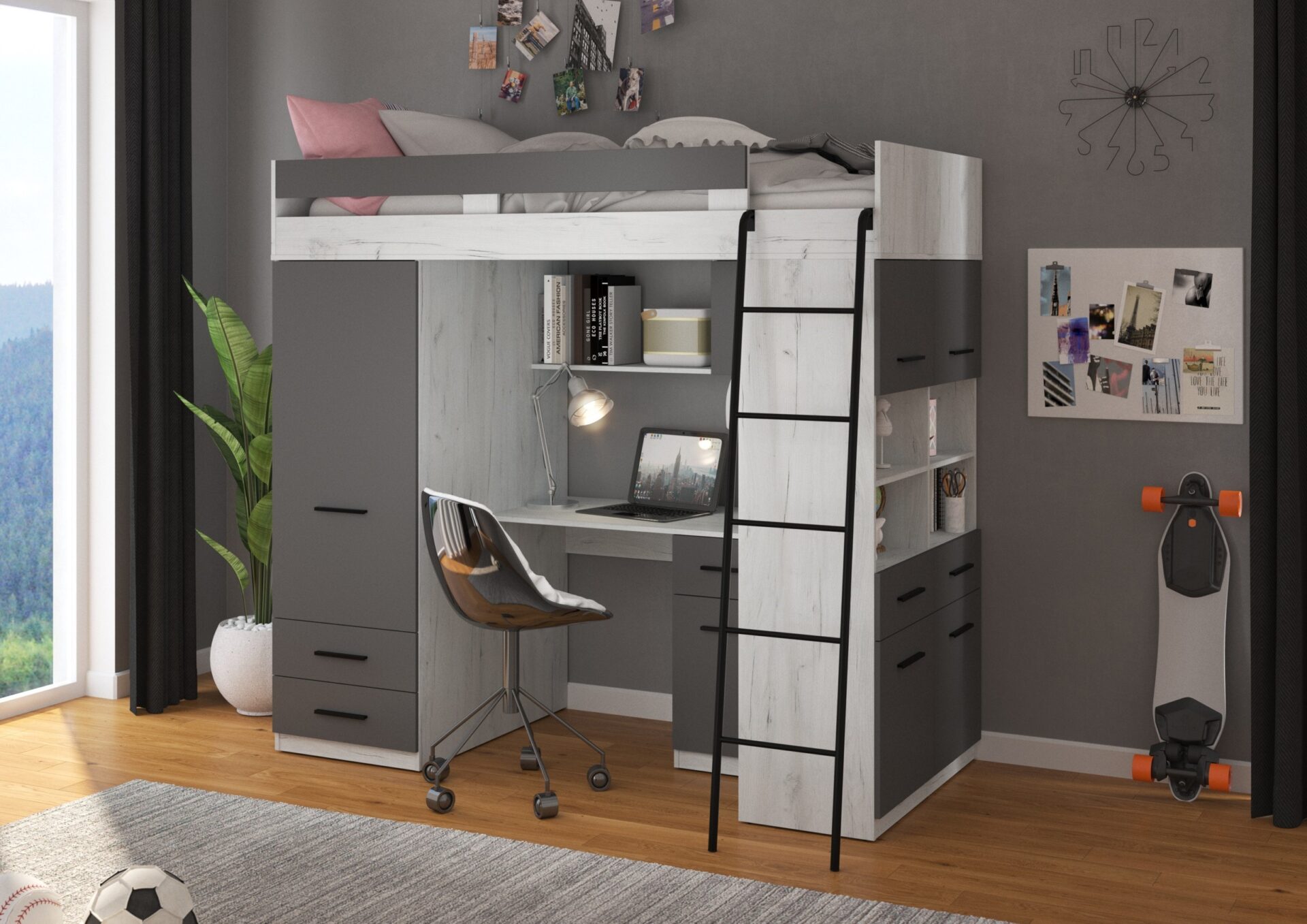 VELVE P antresolė be rankdarbių kilimėlio, balta / grafito spalvos