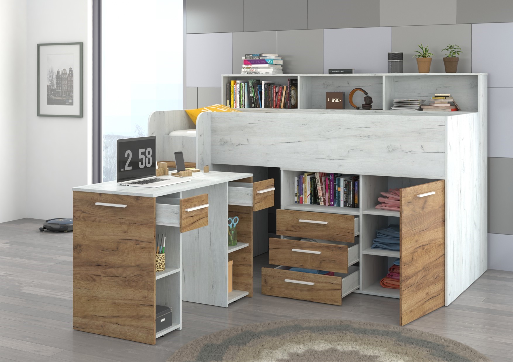 ENO L vaikiška arba jaunimo palėpės lova, dirbtinio ąžuolo spalvos, balta/auksinė