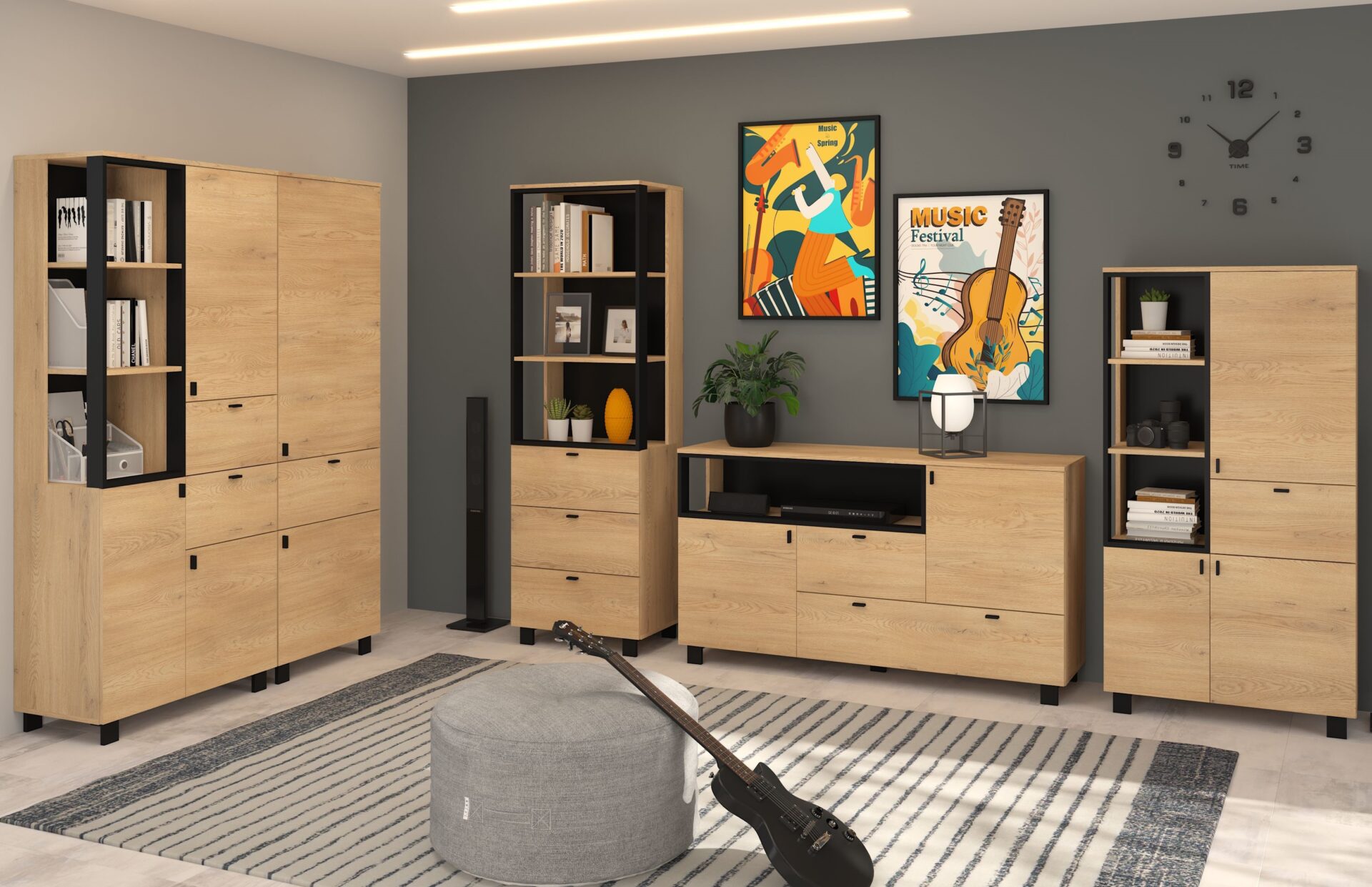 GAVES #9 svetainės baldai, sieninė spintelė, drabužių spinta, lentyna, komoda, ąžuolas „Cremona“, juoda