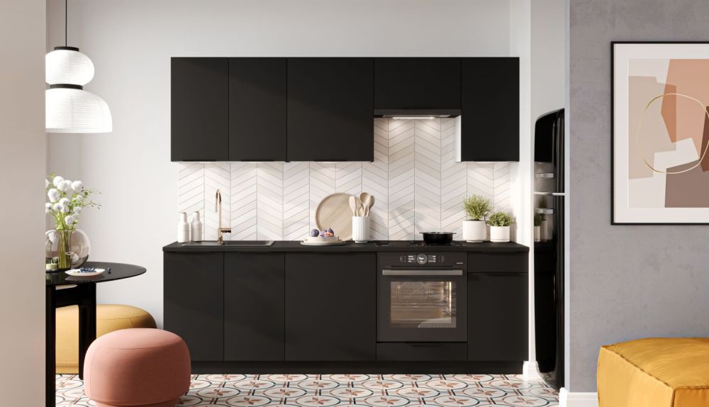 Virtuvės baldų komplektas 240 cm su džiovykle, Mina virtuvė, juodas