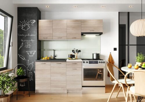 „Mela“ virtuvė 120/180 cm, sonoma ąžuolo spalvos, su stalviršiu – SPECIALUS PASIŪLYMAS