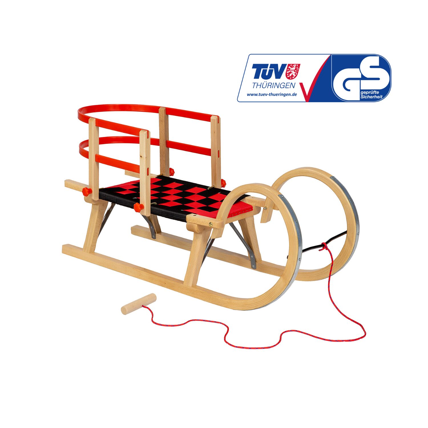 Medinių rogučių komplektas AD322 D95 + AD303 raudonas atlošas + AD300 natūralaus buko virvelė