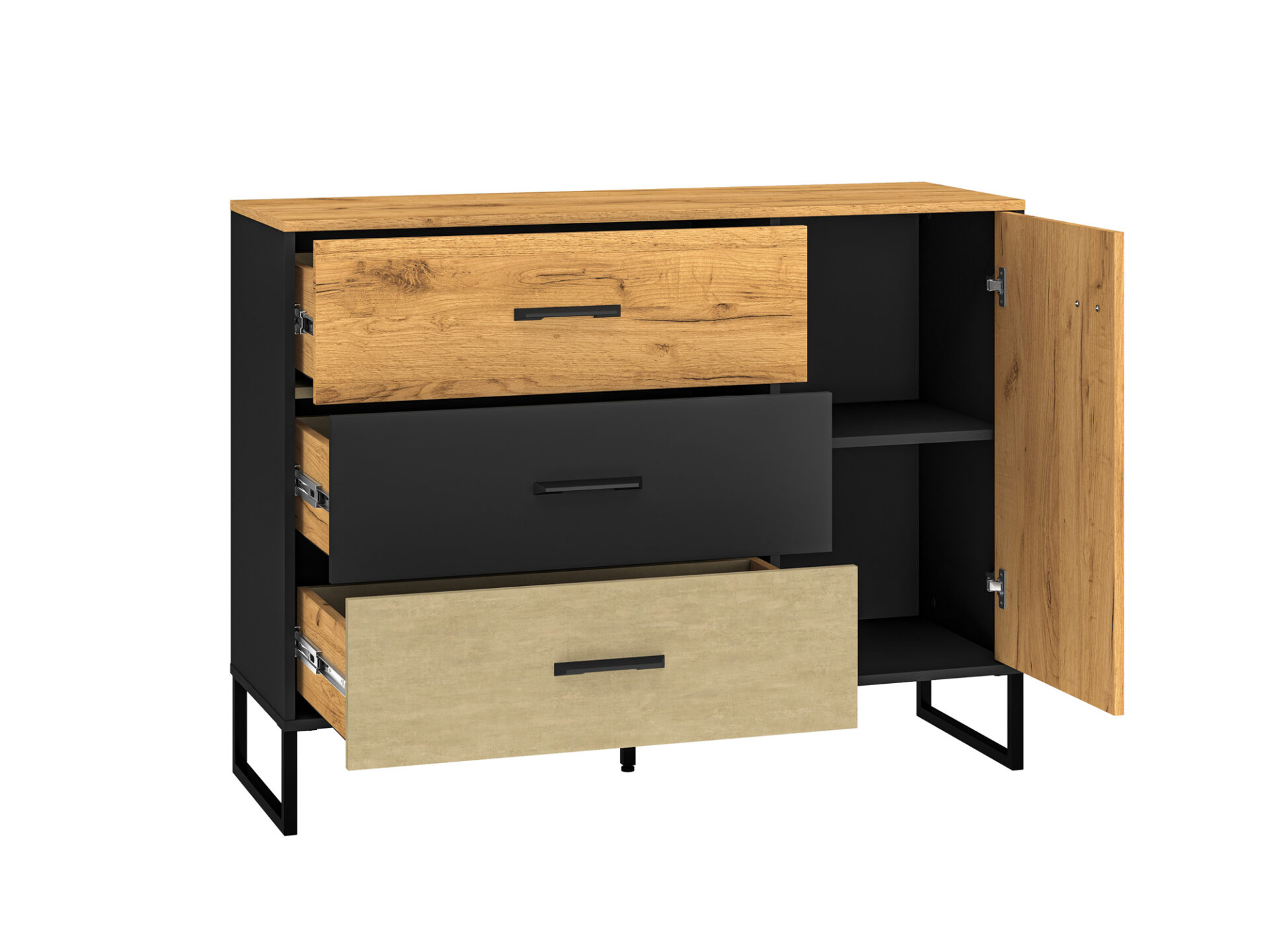 „Colt 06 Gold Craft Oak/Black-Premium Steel“ komoda – 1D3S - Paveikslėlis 2