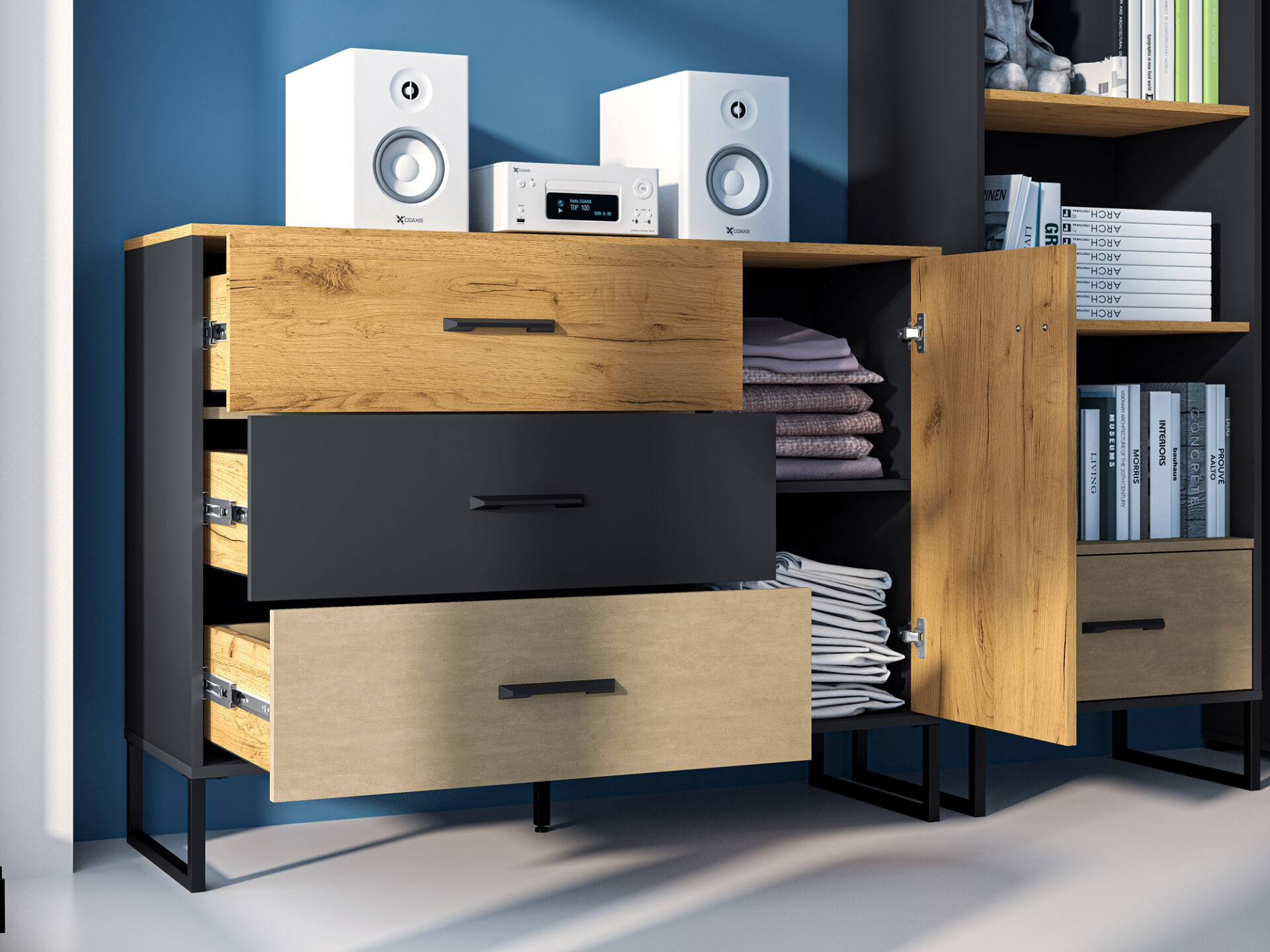 „Colt 06 Gold Craft Oak/Black-Premium Steel“ komoda – 1D3S - Paveikslėlis 5