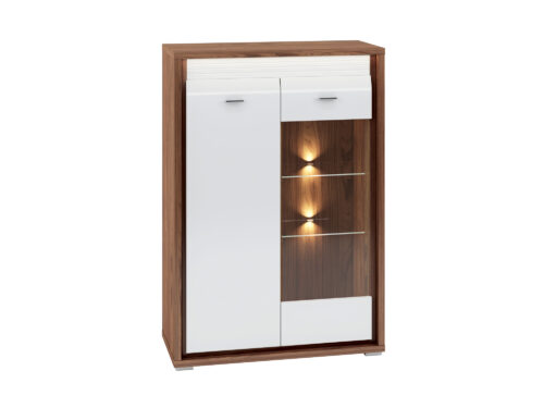 DALLAS 06-01 natūralus riešutmedis/MDF balta blizgi komoda