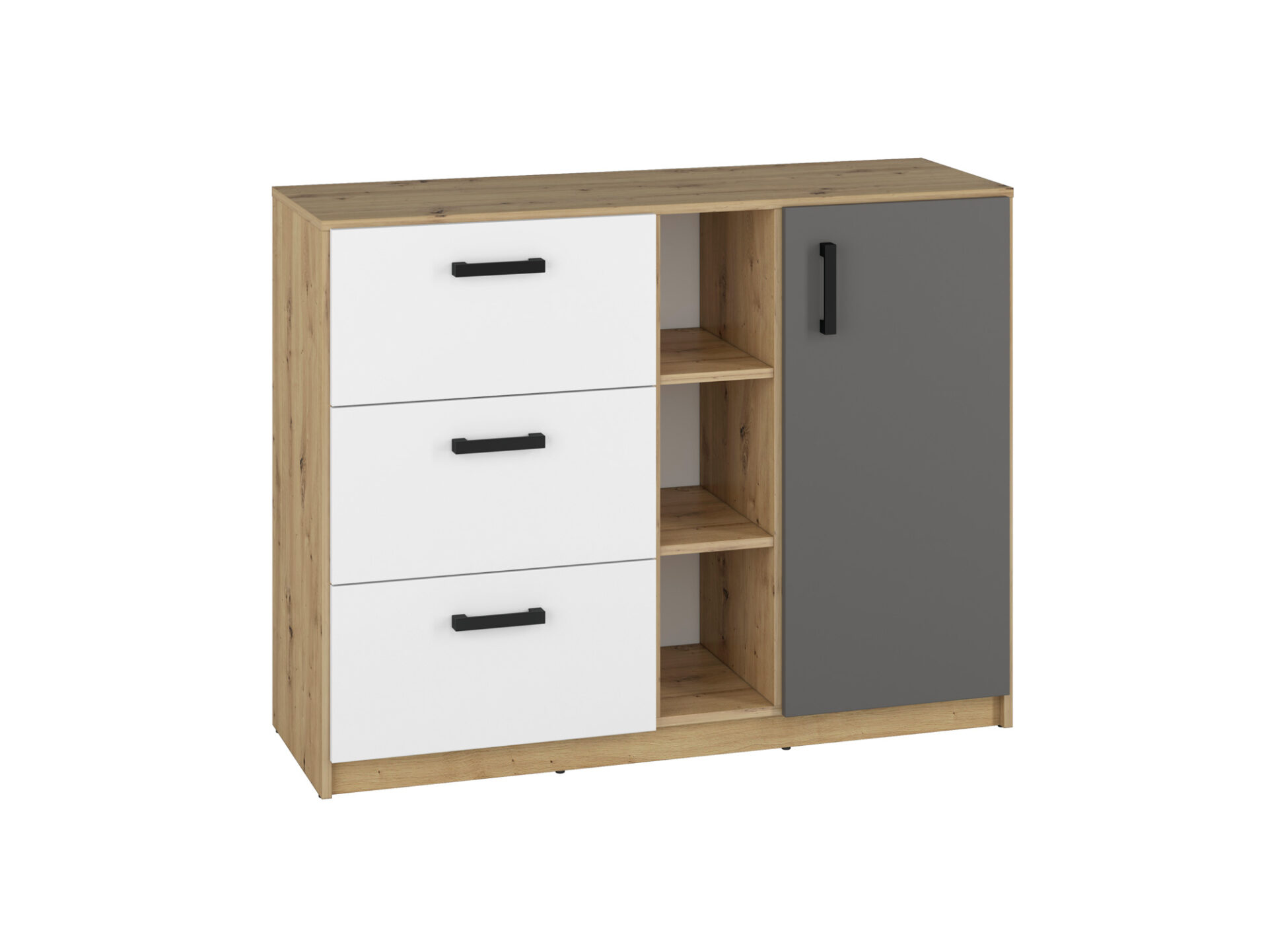 FINI 06 ąžuolo spalvos komoda, korpusas – baltas priekis, antracito spalvos įdėklas
