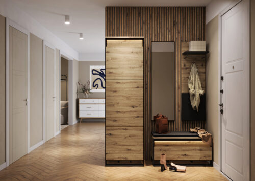 QUANT Spinta QG-03 – 92 cm spinta su apšvietimu – meniško ąžuolo/juodos spalvos