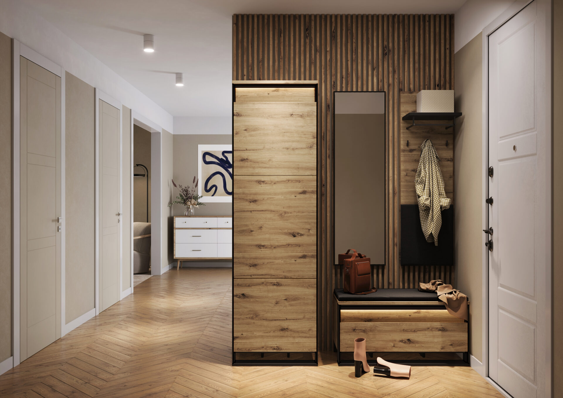 QUANT Spinta QG-03 - 92 cm spinta su apšvietimu - meniško ąžuolo/juodos spalvos