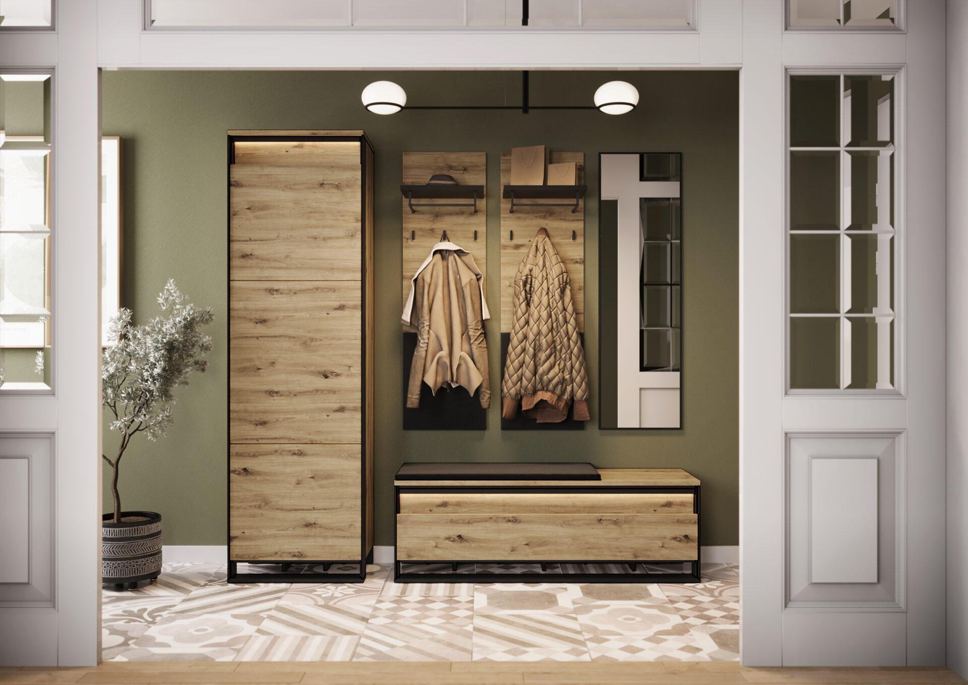 QUANT Spinta QG-04 - 135 cm spinta su apšvietimu - meniško ąžuolo/juodos spalvos